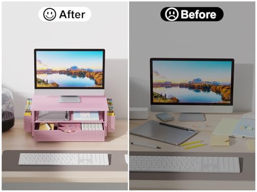 gianotter Desk Organizers and Accessories, Monitor Stand with Drawer and 2 Pen Holder, Desktop Organizer Suitable for Offices and Dormitories (Pink-Plain) - color: Pink-Plain