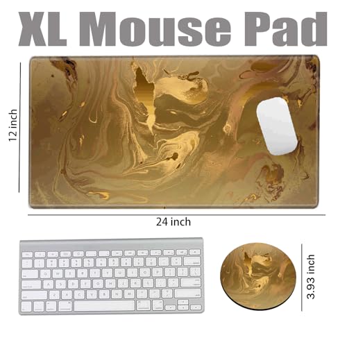 Gaming Mouse Pad Gold Marble Mousepad 24x12 Inch Desk Mat XL Long Desk Pad Non-Slip Rubber Base Computer Mat with Stitched Edges for Office Work Home Game - color: Gold Marble, size: 24''X12''