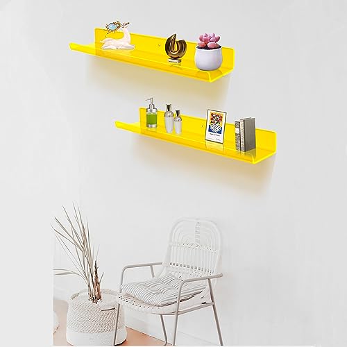 ROYALITA 24 Inches Acrylic Floating Book Shelves Wall Mounted Set of 2, Wall Hanging Plant Display Shelves, Room Decor Floating Wall Shelves for Gaming Room, Bedroom, Living Room, Office, Yellow - color: Yellow, size: 24 Inch