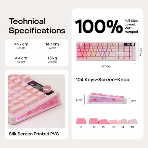 EPOMAKER TH108 V2 PRO Full Size Mechanical Keyboard with Screen&Knob, 10000mAh, BT/2.4Ghz, Mac Modifier PBT Keycap, Hot Swap, RGB, Gasket, Wireless Gaming Keyboard for Mac/PC (Pink, Sea Salt Silent) - color: Pink, size: Sea Salt Silent