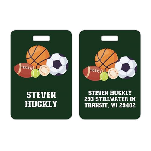 Personalized Sports Theme Luggage Tag / 2.75" x 4" Custom Modern Bag Tag/Double Sided Durable Plastic Luggage Tag with Plastic Strap/Made in The USA - style: Sports