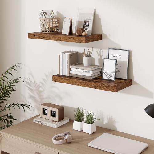 Fun Memories 24 Inch Floating Shelves Wall-Mounted, 10 Inch Deep Wall Shelves, 24 x 10 Floating Shelf for Living Room Bathroom Bedroom, Rustic Brown, Set of 2 - color: Brown Color, size: 24W x 10D x 1.5H