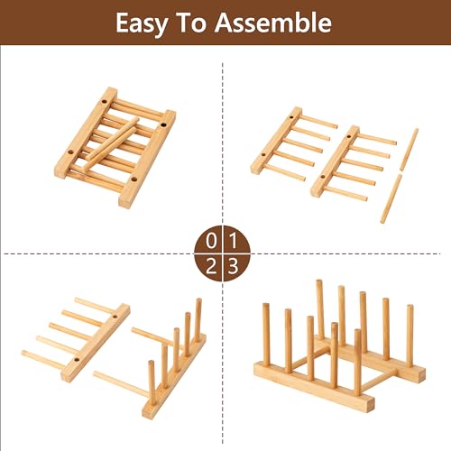 HBlife 4pcs Bamboo Dish Plate Bowl Cup Book Pot Lid Cutting Board Drying Rack Stand Drainer Storage Holder Organizer Kitchen Cabinet(Keep Dry) - color: Bamboo 4 Slots 4pcs