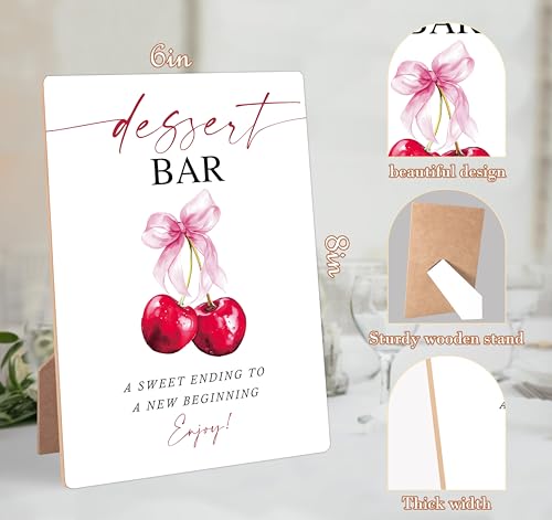 Cherry Wedding Signs for Reception, Pink Bow Dessert Bar Sign, Berry Wooden Wedding Signs with Stand, Pink Bow Theme Bridal Shower Decorations, Bridal Shower Party Supplies for Reception, 06 - color: Cheery06