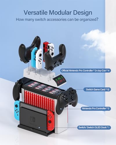 Switch Games Organizer Holder and Charging Dock for Nintendo Switch & Switch OLED Joy-Cons/Original Switch Pro Controller - Nargos Switch Storage Rack Stand Accessories kit