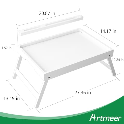 Artmeer Bed Tray Table with Folding Legs, Bamboo Breakfast Food Tray with Media Slot, Use As Platter, Laptop Desk, Snack, TV Tray Kitchen Serving Tray (White Extra-Large Size) - color: White, size: X-Large