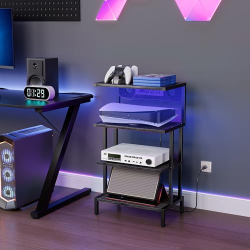 Aquzee Game Console Shelf, 4-Tier Video Gaming Consoles Stand with Outlet & RGB Light, Small Media Entertainment Center for Audio Stereo Storage Organizer Playroom Furniture, Stereo Stands and Racks - color: Black, size: Regular model (with outlet and lig