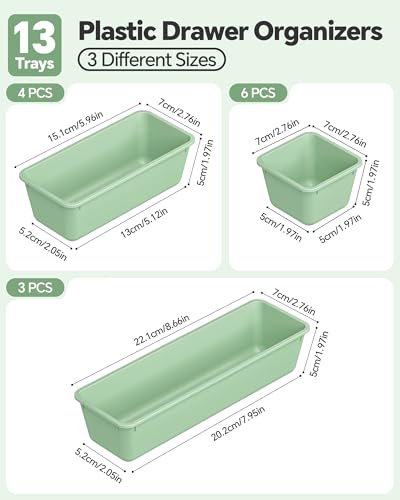 Canfanni 13 Pack Plastic Drawer Organizers Set, 3 Sizes Desk Drawer Organizer Trays for Vanity and Makeup Organizer, Organization and Storage for Makeup, Kitchen Utensils, Bathroom and Office(Green) - color: Green
