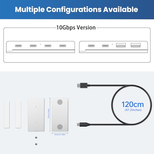 EJAY 10Gbps Magnetic USB-C Hub, 4-Port USB 3.2 Gen2 Desktop Hub with 47" Extra Long Cable, Aluminum USB C Splitter, Under Desk Mount Multi Port USB Hub for MacBook, PC, Surface, SSD, Silver - color: Silver
