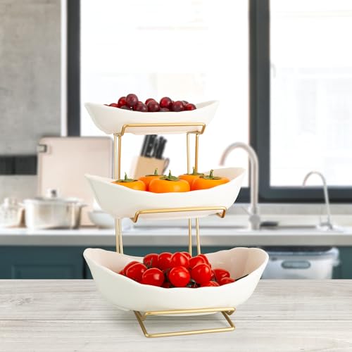 3 Tier White Gold Fruit Bowl and Tray with Metal Stand, Triple Layer Fruit Basket for Snacks, Nuts, Bread, Candy Storage - color: B white triple layer