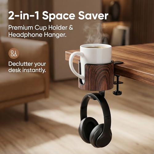 Luxury 2-in-1 Desk Cup Holder with Headphone Hanger for Office, Home, Gaming(Wooden Design) - color: WOODEN DESIGN
