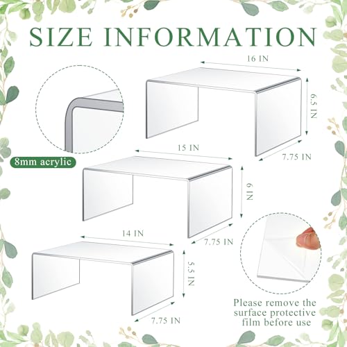 RattanView 3 Pcs Extra Large 16, 15, 14 Inch Acrylic Display Risers Clear Acrylic Shelf Riser Display Stands 8 mm 5 mm Thick Rectangular for Monitors Large Scale Figurines Trophy Commercial Use - size: 16, 15, 14 Inch