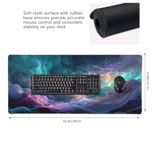Mouse Pad with Colorful Cloud Design, Extended Gaming Keyboard Mat, 35.4x15.7 Inches, Non-Slip Rubber Base, Stitched Edges - color: Colorful clouds