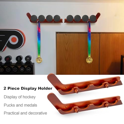 2 Pack Hockey Puck Display Case for 4 Pucks, Wooden Wall Mount Holder with Hooks - Hockey Puck Holder Living Room Stick Decor Accessory for Player Team Gift, Brown, ZiS005 - color: Brown