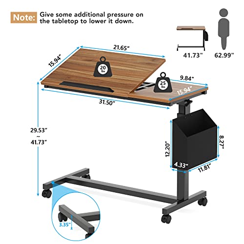 Tribesigns Height Adjustable C Shaped End Table with Wheels and Side Pocket, Mobile Sofa Snack Table with Tiltable Drawing Board, Laptop Side Tray Table for Couch Bed (Walnut Brown) - color: Walnut Brown