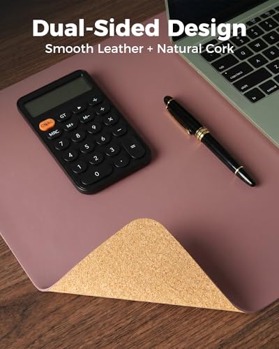 Aothia Dual-Sided Desk Mat, FSC Cork & PU Leather Desk Pad, Large Mouse Pad & Writing Surface for Compact Workspace, Non-Slip Waterproof Desk Protector - 25.6" x 13.7", Pale Mauve - color: Pale Mauve+cork, size: 25.6" x 13.7"