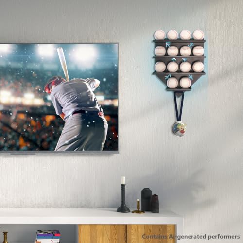 Baseball Display Shelf with LED Light, Home Plate Shaped Wood Holder, Championship Ring Wall Organizer for PSA SGC Collectibles, Ball Hanging Frame Gift for Boys Son