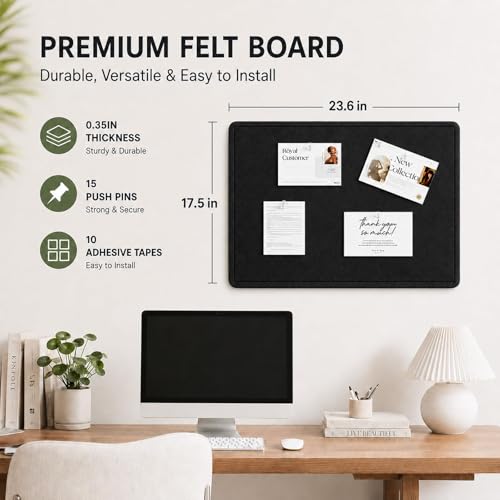 Felt Bulletin Board for Wall 24" x 18" Unfolded Size, Small Frameless Felt Pin Board, Soft Cork Board Alternative for Office, Home Planning, Notes, Photos & Wall Decor, Foldable Shipping, Easy Install - color: Black, size: 18" x 24"