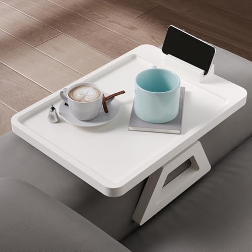 Couch Arm Tray with 360°Phone,Bamboo Folding Sofa Tray,Sofa Armrest Trays Clip-On Couch Desk for Drinks,Snacks,Phone,Remote Control(White) - color: White, style: 13.0" x 9.4"Phone Holder