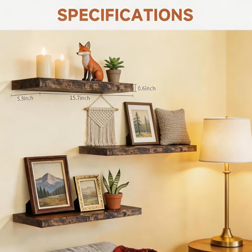 Easy Install Floating Shelves, 15.6 Inch Wall Mounted Wooden Floating Shelves, Set of 3, Small Wall Shelves for Storage and Home Decor, Living Room, Kitchen, Office, Corner Shelf for Bathroom, Brown - color: Brown Floating, size: 15.6 Inch