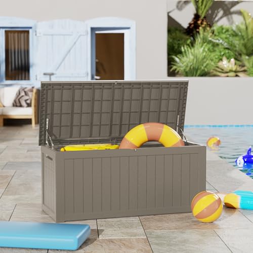 Outdoor Storage Box Waterproof, 270 Gallon Lockable Resin Deck Box Large, Patio Storage Bin for Pool Accessories Cushion Furniture, Garden Tools, UV-Resistant Outside Delivery Grey - color: Grey, size: 270 Gallon