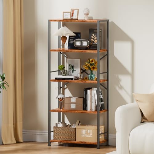 Furologee 5 Tier Book Shelf, Tall Wide Bookshelf, Industrial Open Bookcase, Display Shelves Storage Organizer, Shelving Unit for Living Room, Home Office, Bedroom, Rustic Brown - color: Rustic Brown, size: 5 Tier - 20"W