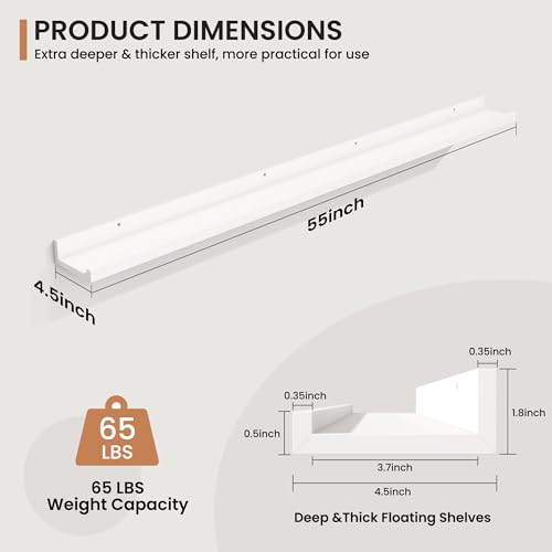 Fun Memories Picture Ledge Shelves Set of 2, 55 Inch Rustic Wall Mounted Floating Shelves with Lip for Home Storage and Décor in Bathroom, Kitchen, Nursery, Bedroom, Living Room, White - color: White, size: 55 inch, Set of 2