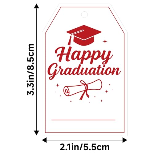 G2PLUS Happy Graduation Tags - Red Graduation Gift Tags with String, Class of 2026 Paper Hang Labels for Congrats Grad Party Favors - style: Happy Graduation - Red