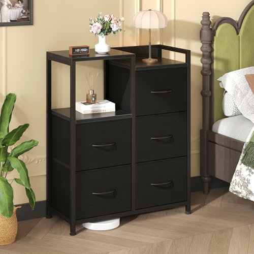 DUMOS TV Stands for Bedroom with 5 Drawers, 5-Drawer Chest of Drawers with Raised Shelf, Storage Tower with Fabric Bins for Closet Organization, Hallway Storage, Ink - color: Ink, size: 31.5"D x 11.4"W x 25.9"H (5 Drawers)