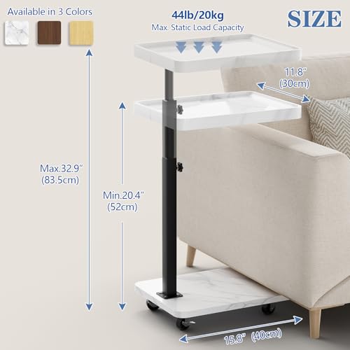 Adjustable Tv Trays for Eating on Couch That Slide Under,360° Swivel C Shaped End Sofa Side Snack Table with Wheels for Living Room and Bedroom, Bed,Chair, (White Marble+Black) - color: White Marble+black