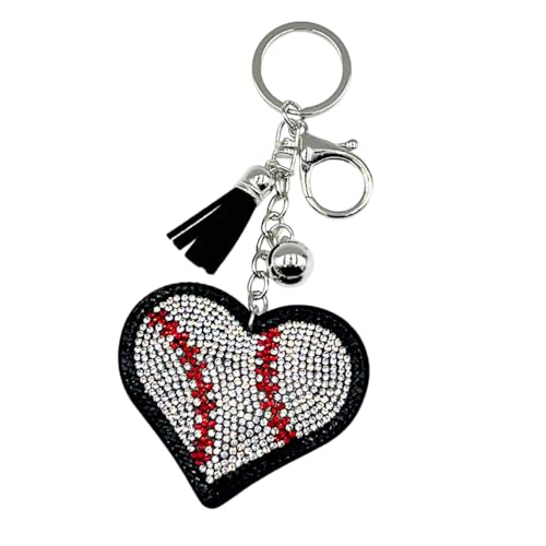 Rhinestone Heart Sports Keychain for Women Men, Bling Baseball Football Tennis Volleyball Love Heart Keyring with Tassel - color: Baseball