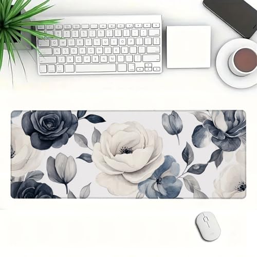 Flower Extended Mouse Pad Navy Cream Watercolor Floral Minimal Chic XL Mouse Pad Large Mousepad Extended Laptop Keyboard Mat Gaming Desk Pad Mouse Mat 31.5x11.8 Inch - color: Flower