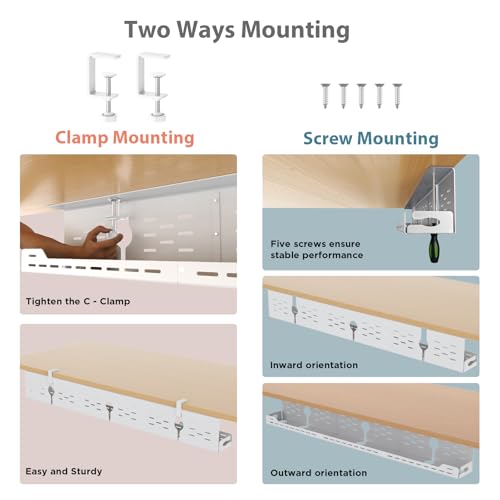 Univivi Under Desk Cable Management Tray - 48" Steel Cord Organizer, No-Drill C-Clamp & Screw Mount for Office/Home, Effortless Wire Management (White) - color: White, size: 48"