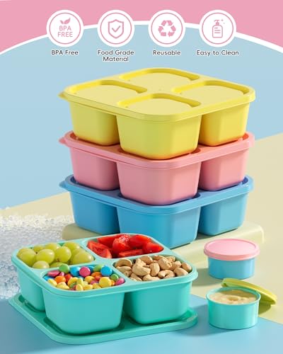 Canfanni 4 Pcs Snack Box Containers Set, Reusable 4 Compartment Lunchable Container with 2Pcs Sauce Containers, Stackable BPA-Free Bento Box for School, Work, Travel (4 Color)