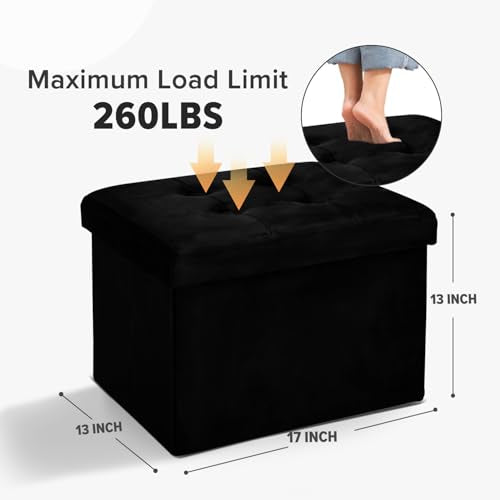 LINMAGCO Storage Ottoman Folding Foot Stool Velvet Foot Rest with Padded Modern Ottoman with Storage for Living Room Puppy Step Stool 17x13x13in(Black) - color: Black(velvet), size: 13"D x 17"W x 13"H