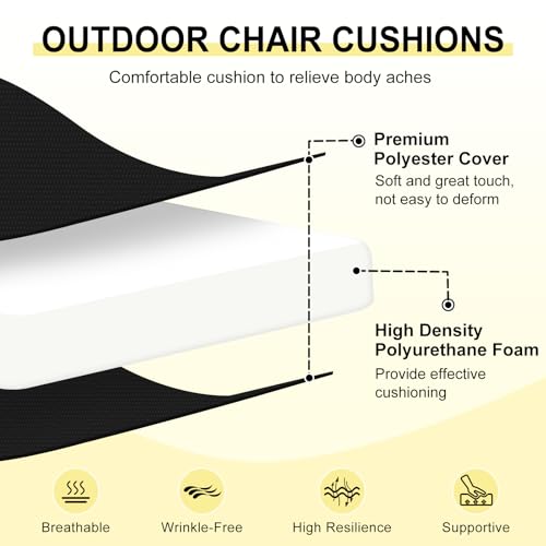 downluxe Outdoor Chair Cushions Set of 4 for Patio Furniture, Water-Resistant Square Corner Patio Chair Cushions with Ties, High Density Foam Outdoor Seat Cushion, 18.5" X 16" X 3", Black - color: Black, size: 18.5x16x3 Inch (Pack of 4)
