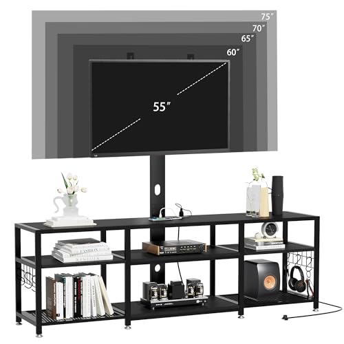 VECELO TV Stand with Mount and Power Outlet, Height Adjustable Entertainment Center with Storage Shelves for 32/55/65/70/75 inches Televisions, Console Table for Living Room, Bedroom, Matte Black - color: Matte Black, size: 63 Inch