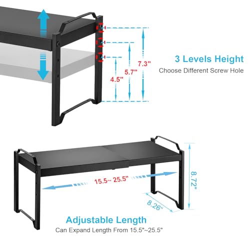1 Pack Expandable Cabinet Countertop Shelves, Stackable Shelves Organizers For Kitchen Cabinet Countertop Storage, Adjustable Counter Cupboard Pantry Organizer Shelf Rack Stand, Length:25.5" - color: Black, size: 1 Pack: 15.5"-25.5"L
