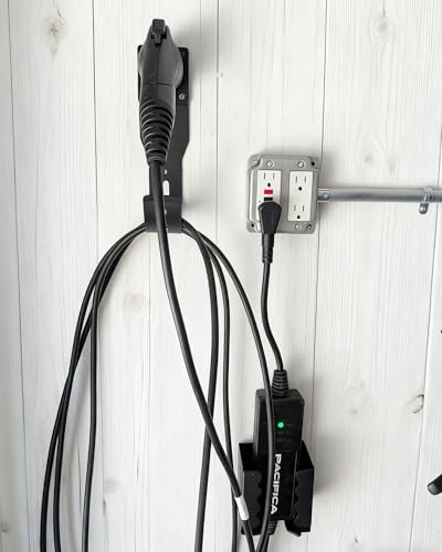 EV Charger Holder Wall Mount Kit, Ev Charging Cable Holder, EV Cable Box Organizer&J-Hook Electric Car Plug Nozzle Holster for SAE J1772 Connector(Indoor/Outdoor Use)