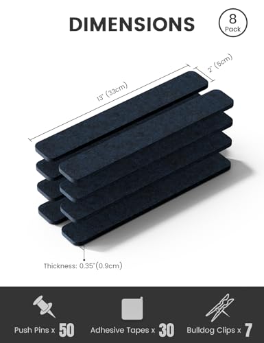 Fluxynara Cork Board Alternative Felt Strip Board 8-Pack 13"x2", Office Pin Board with 50 Push Pins, Adhesive Install for Bedroom Door & Home Office (Midnight Blue) - color: Midnight Blue, size: 8-pack