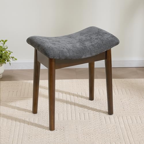 Royal Windsor Vanity Stool with Saddle Cushion, 18 Inch Makeup Vanity Chair for Living Room, Modern Foot Stool Ottoman Piano Bench,Small Upholstered Bench for Bedroom, Dark Grey - color: 10.2"d Dark Grey+walnut