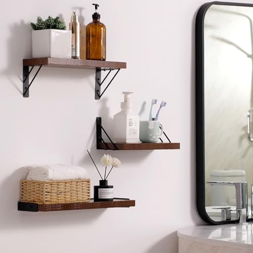 BAYKA Wall Shelves for Bedroom Decor, Floating Shelves for Wall, Display Mounted Rustic Wood Shelf for Books,Plants,Corner Shelves for Bathroom,Kitchen,Living Room(Rustic Brown,Set of 3) - color: C. Rustic Brown Board & Black Brackets, size: 16-inch Mixed