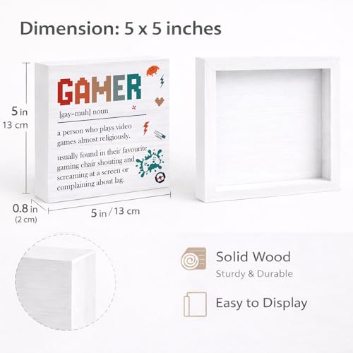 Gamer Gifts for Men Women, Gamer Definition Wooden Box Sign for Home Gaming Room Internet Cafe Decor 5x5 Inch