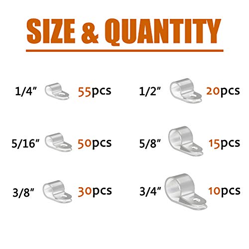 ISPINNER 180pcs Nylon Plastic R-Type Cable Clamps, 1/4" 5/16" 3/8" 1/2" 5/8" 3/4" Clips Fasteners Assortment Kit for Cable Conduit (White) - color: White