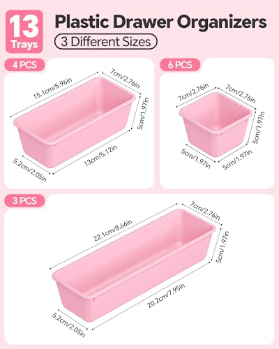 Canfanni 13 Pack Plastic Drawer Organizers Set, 3 Sizes Desk Drawer Organizer Trays for Vanity and Makeup Organizer, Organization and Storage for Makeup, Kitchen Utensils, Bathroom and Office(Pink) - color: Pink