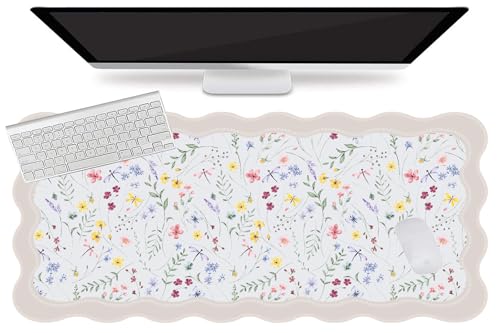 L-SPOUTTO Floral Mouse Pad,Botanical Desk Mat XXL Large Scalloped Gaming Mousepad,35.4x15.7in Non-Slip Keyboard Pad Waterproof Desktop Mat for Laptop Computer Work Game Home Office-Wild Flowers - color: Seamless Wild Flowers