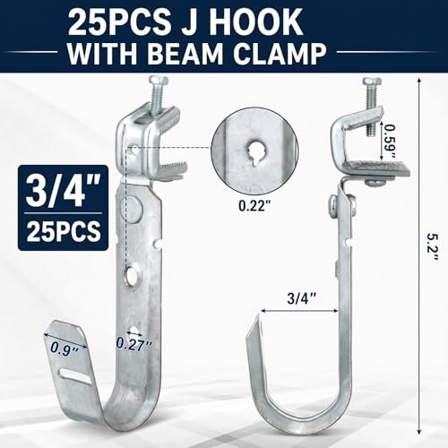 Tandefio 25 Pack Cable Support J Hook with Beam Clamp, Heavy Duty Metal Wire Cable Support J Hook Hangers for Wire Management (3/4 Inch) - size: 3/4 Inch