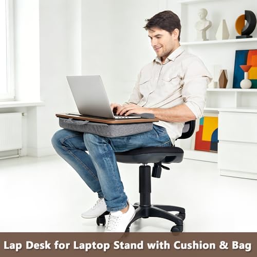 Portable Lap Desk for Bed, Suits14–17 Inch Laptops | Walnut color, 3 storage bags, hand strap & cushion, tablet & phone slots, ideal for adults at home, car and travel - color: Walnut Color