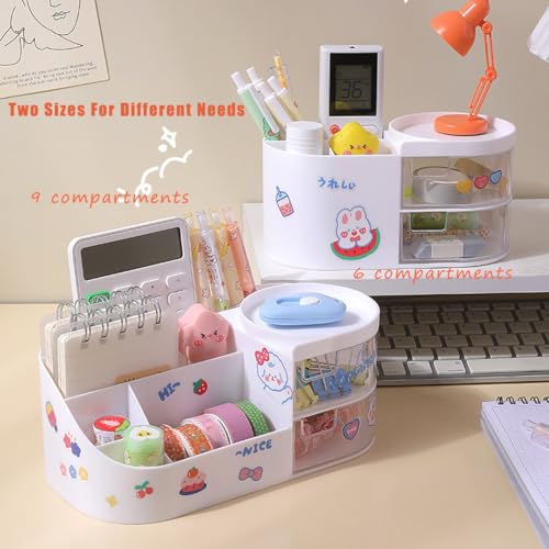 Kawaii Stationery Storage Box Makeup Organizer with 2 Drawers, Kawaii Pen Organizer with Stickers DIY Fun, Desk Organizers and Accessories with 5 Compartments for Teen Girls Office Art Supplie - color: White, size: Large