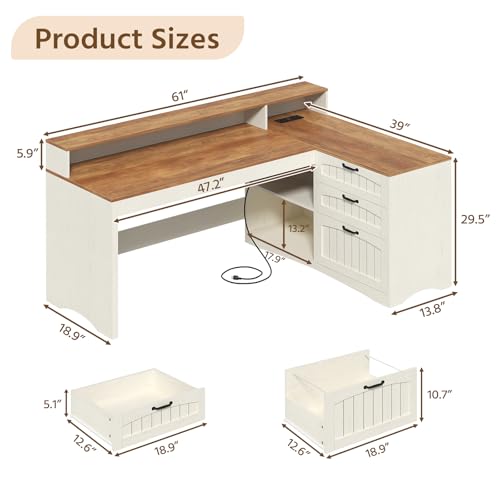 YOMILUVE Farmhouse L Shaped Desk, 61" Home Office Desk with Drawers and Storage Shelves, L Shaped Computer Desk with Power Outlet, Executive Desk with Monitor Stand, Printer Shelf, Brown and White
